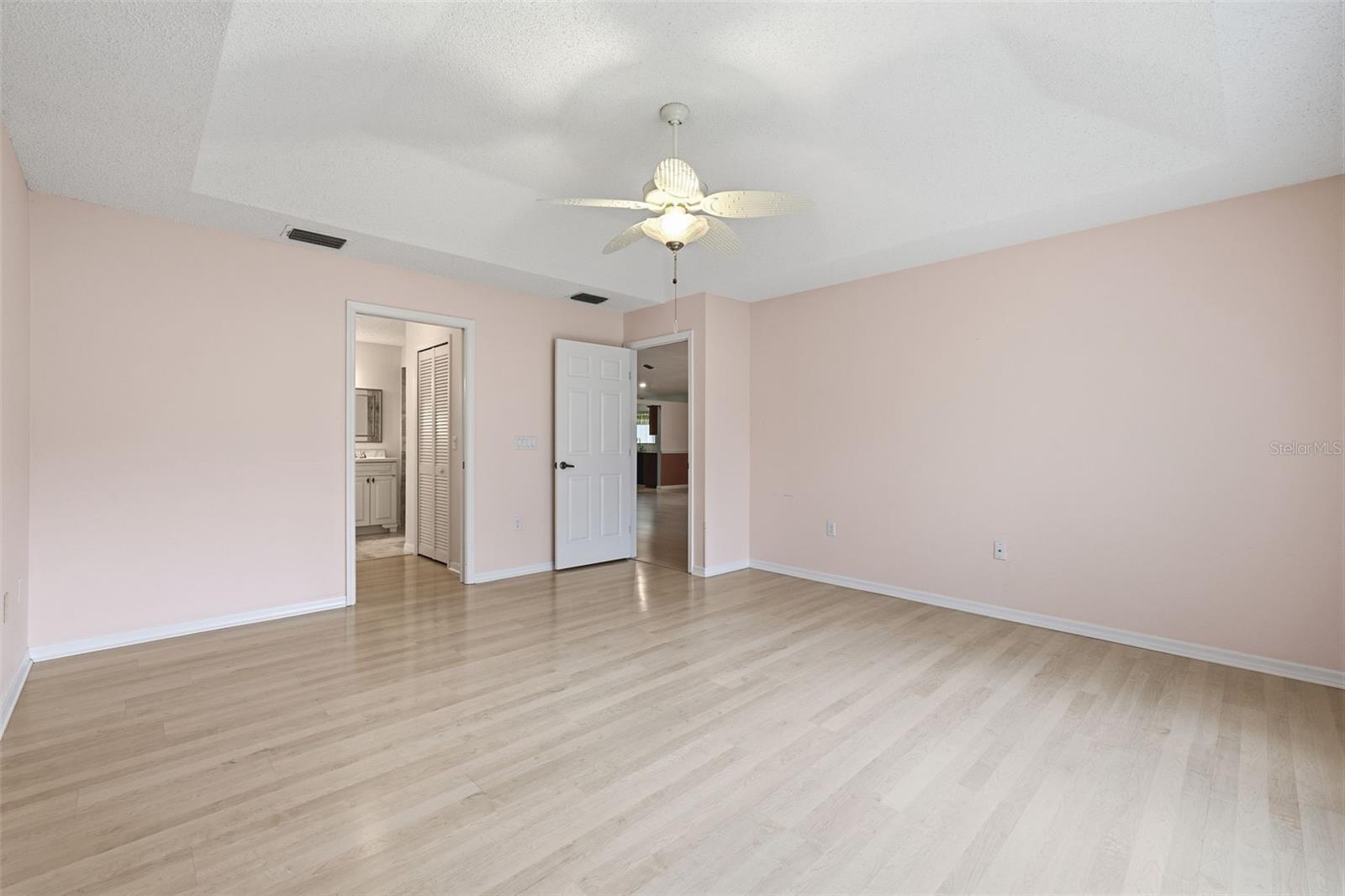 Primary bedroom with en-suite full bath. Two walk-in closets in hallway to the bathroom.