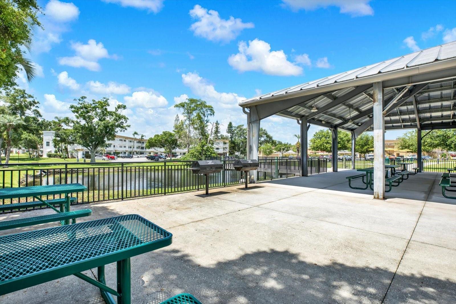 Community pavilion with BBQ grills and pond view.