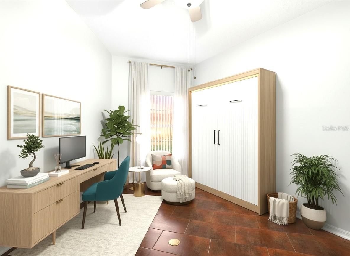 Dual use flex room with a Murphy bed for guests and a desk. This room has been digitally staged.
