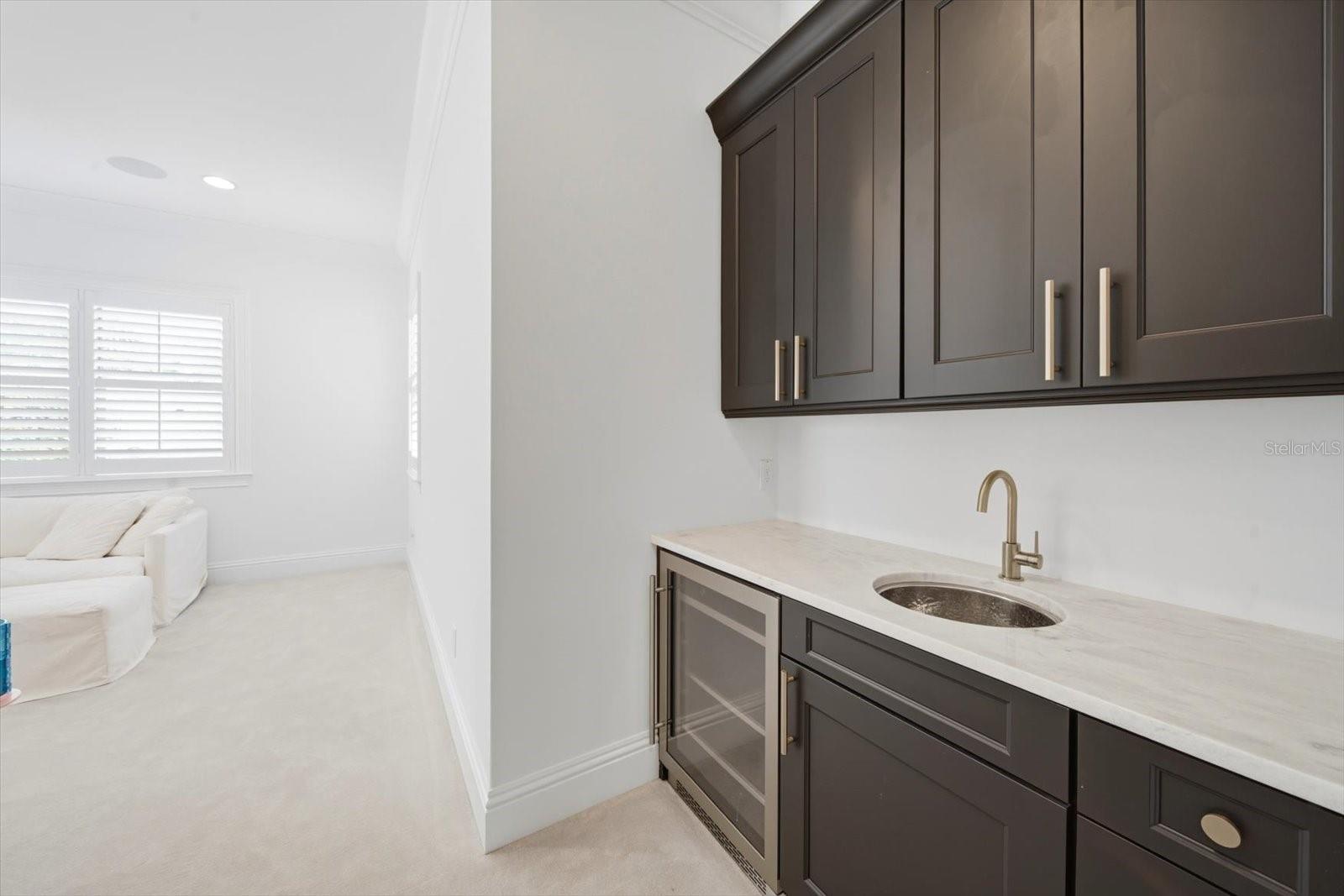 entry into media room with beverage cooler and sink