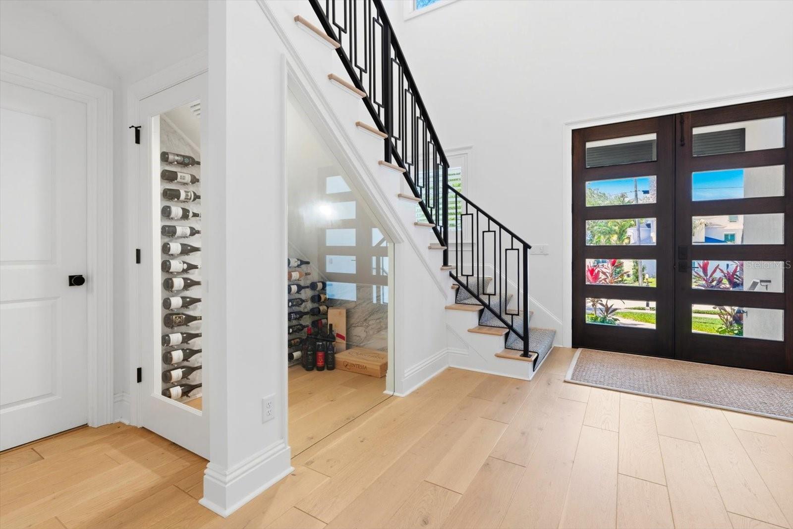 two story foyer with built in wine cellar underneath stairwell