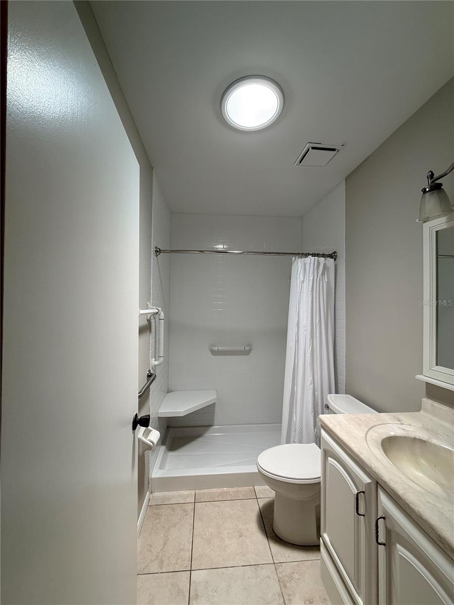 Secondary full bath with solar tube light.