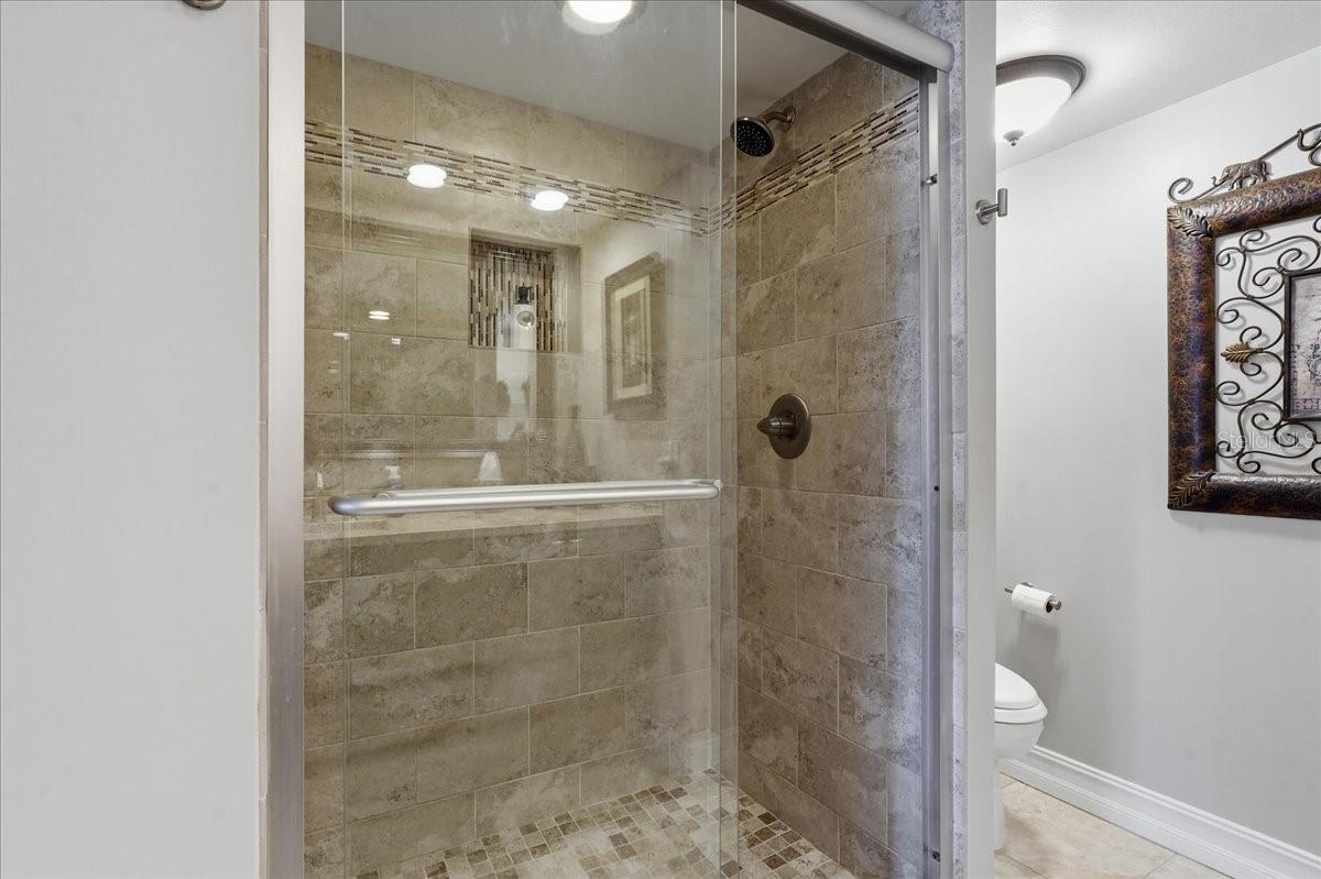WALK IN SHOWER WITH SEAMLESS GLASS DOORS IN THE GUEST BATH