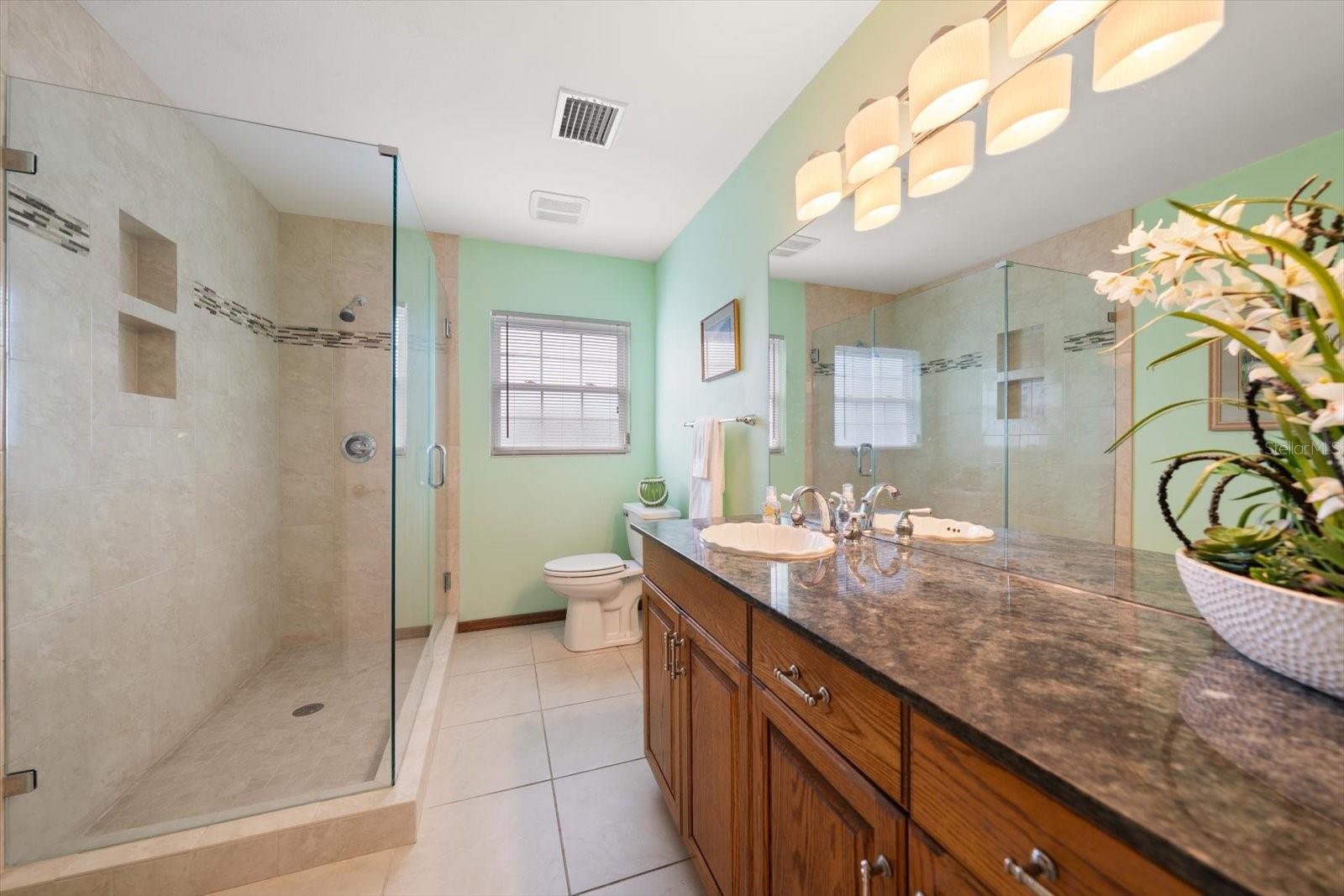 Large guest bathroom with beautiful walk-in, glass shower, and large vanity space.