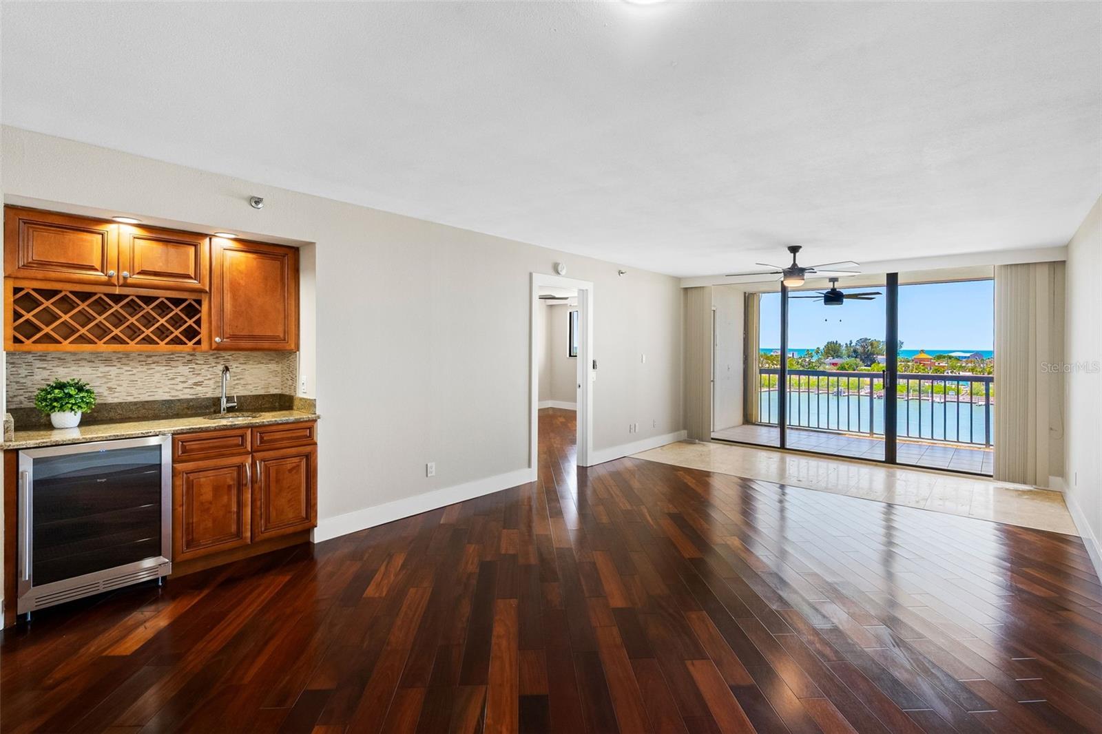 Living Room with Wet Bar, New wine fridge & backsplash