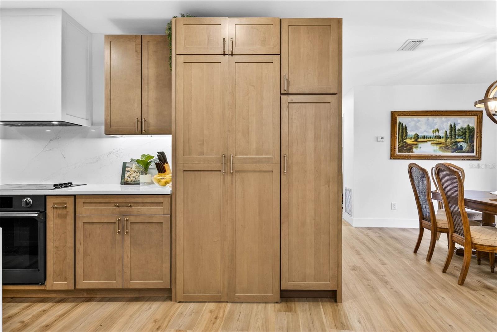Cabinet opens to walk in pantry