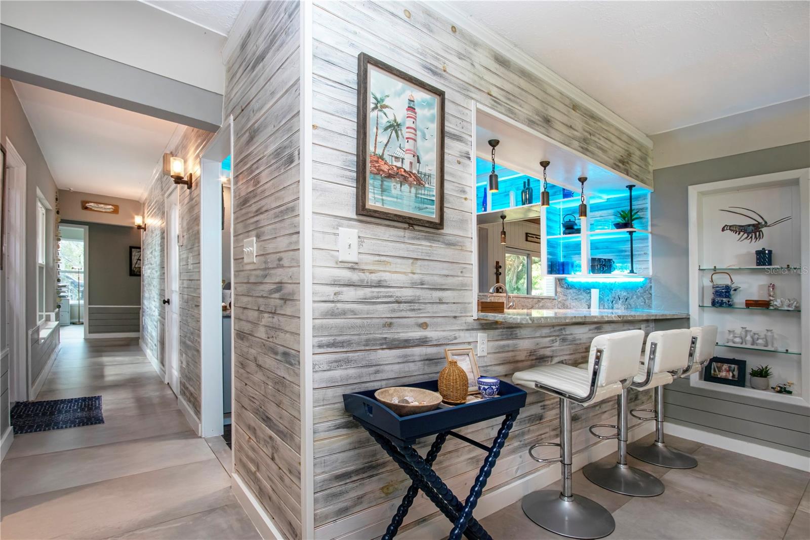 Hallway to the bedrooms and breakfast bar