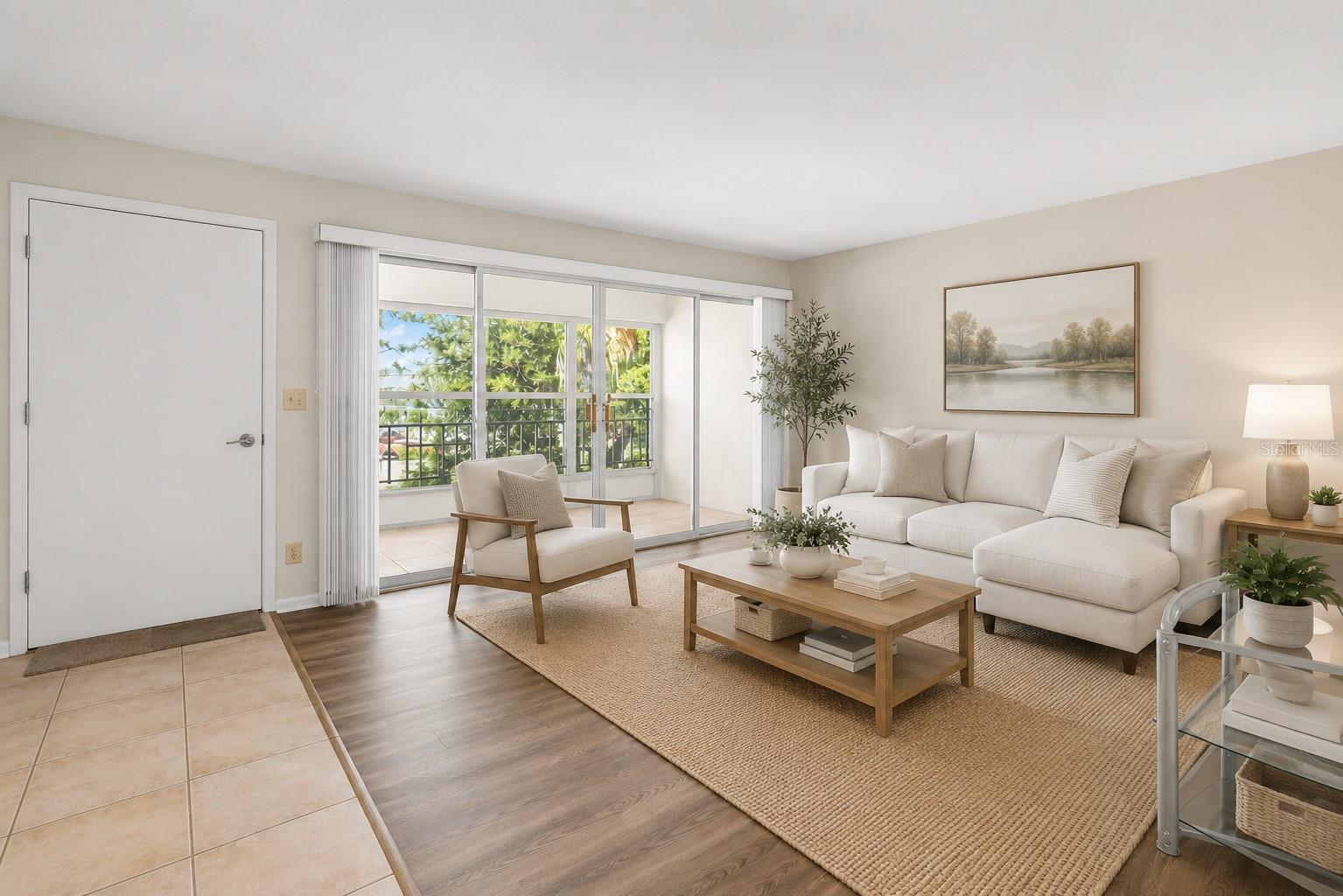 Virtual staging. Living Room with wall of sliders to oversized lanai