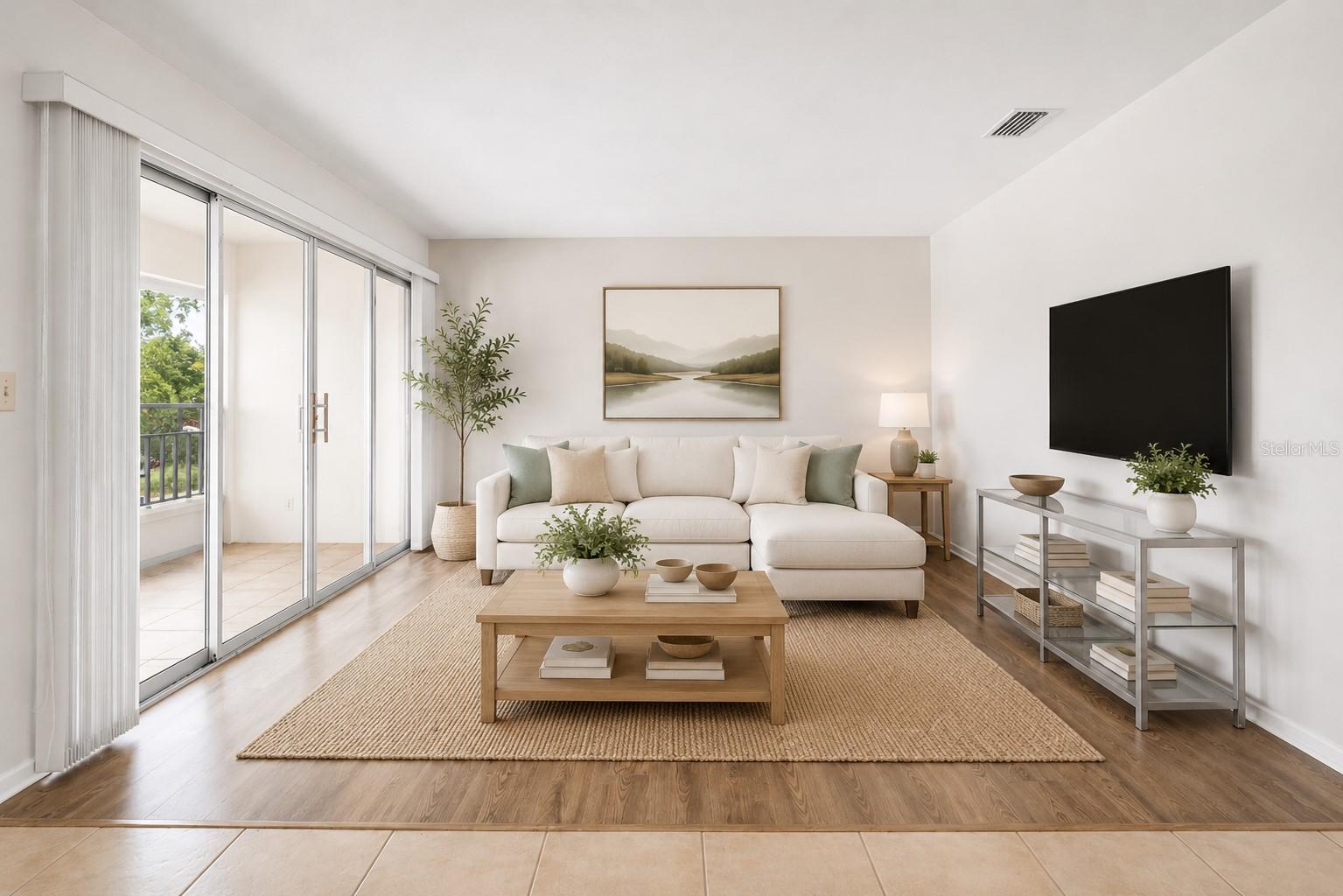 Virtual staging. Living Room with luxury vinyl flooring.