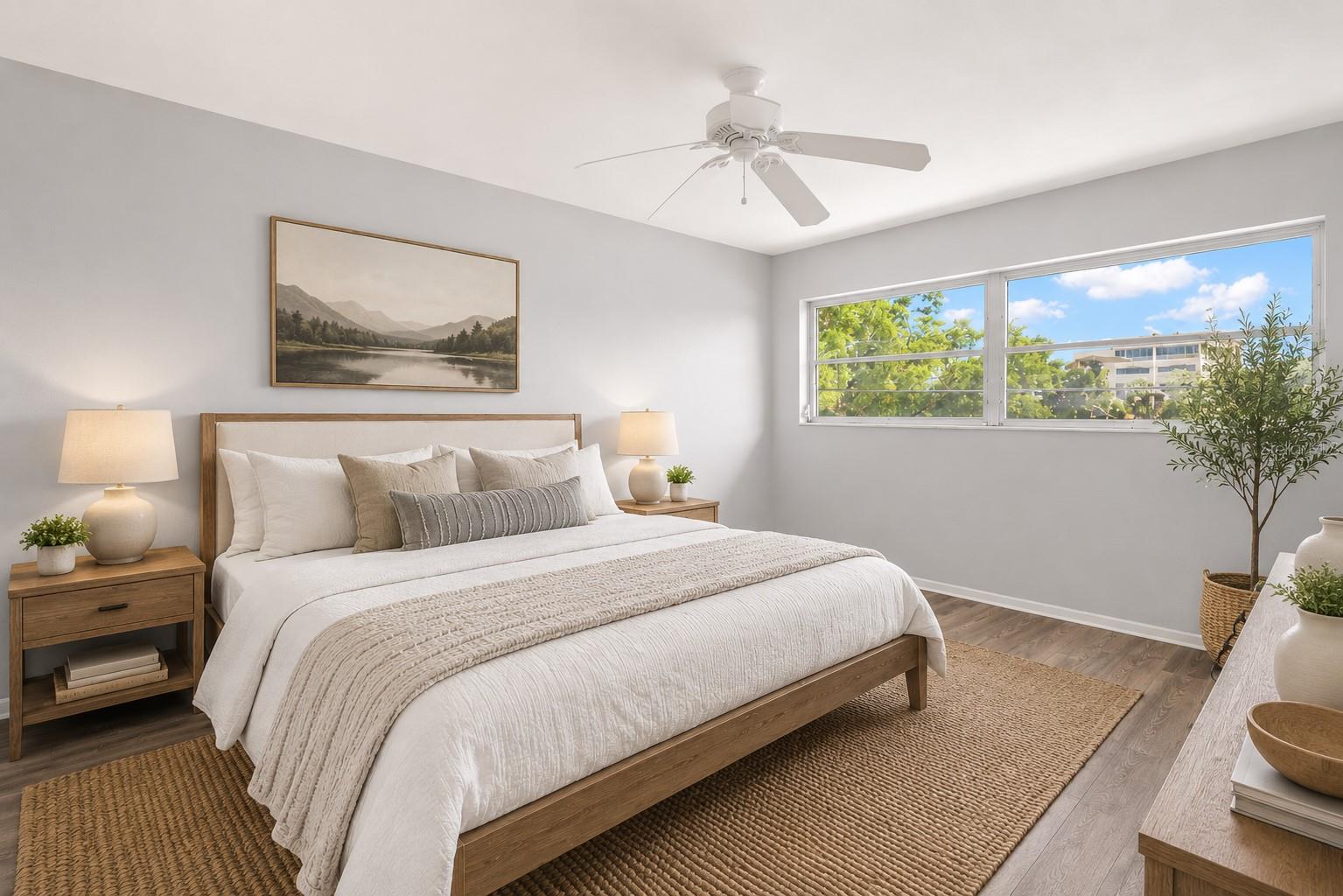Virtual Staging. Primary Bedroom with ceiling fan