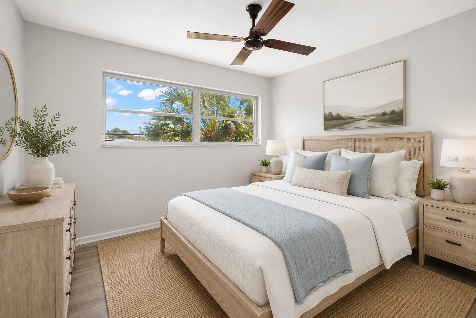 Virtual staging. Guest bedroom with ceiling fan