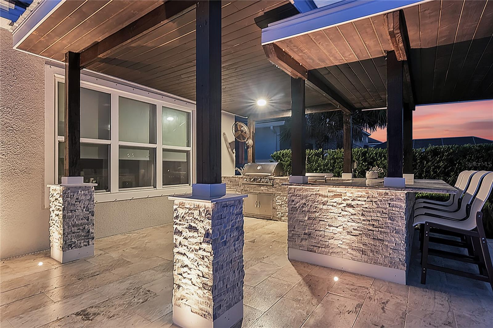 The outdoor kitchen at twilight