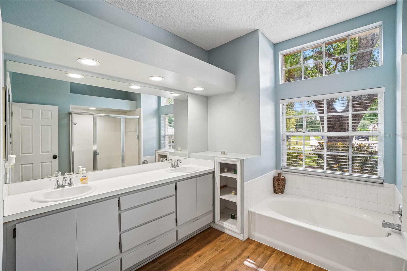 Primary bathroom — Primary bathroom with dual-sink vanity, solid surface countertop, full-width mirror with recessed lighting, a soaking tub with tile surround, a separate glass-enclosed shower