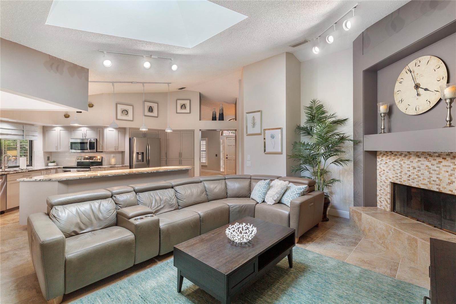 Great room with wood burning fireplace