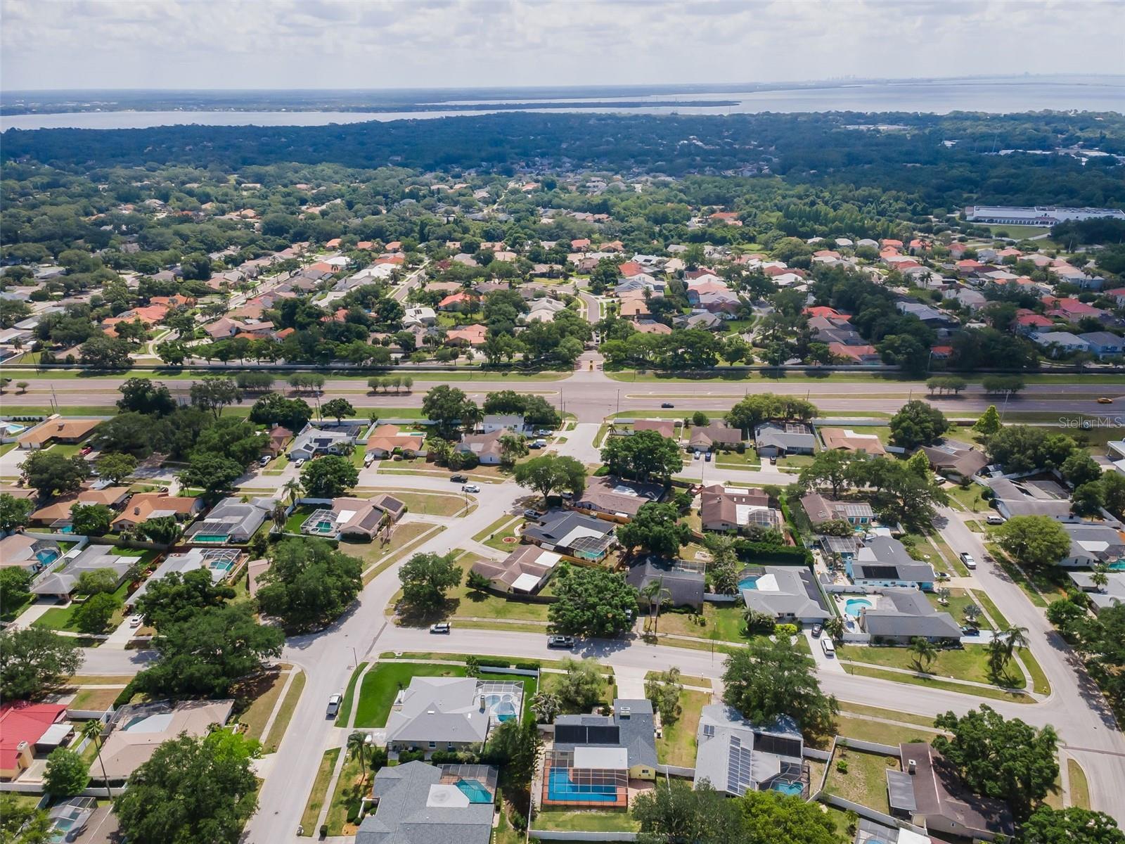 Aerial shows proximity to Safety Harbor and the bay