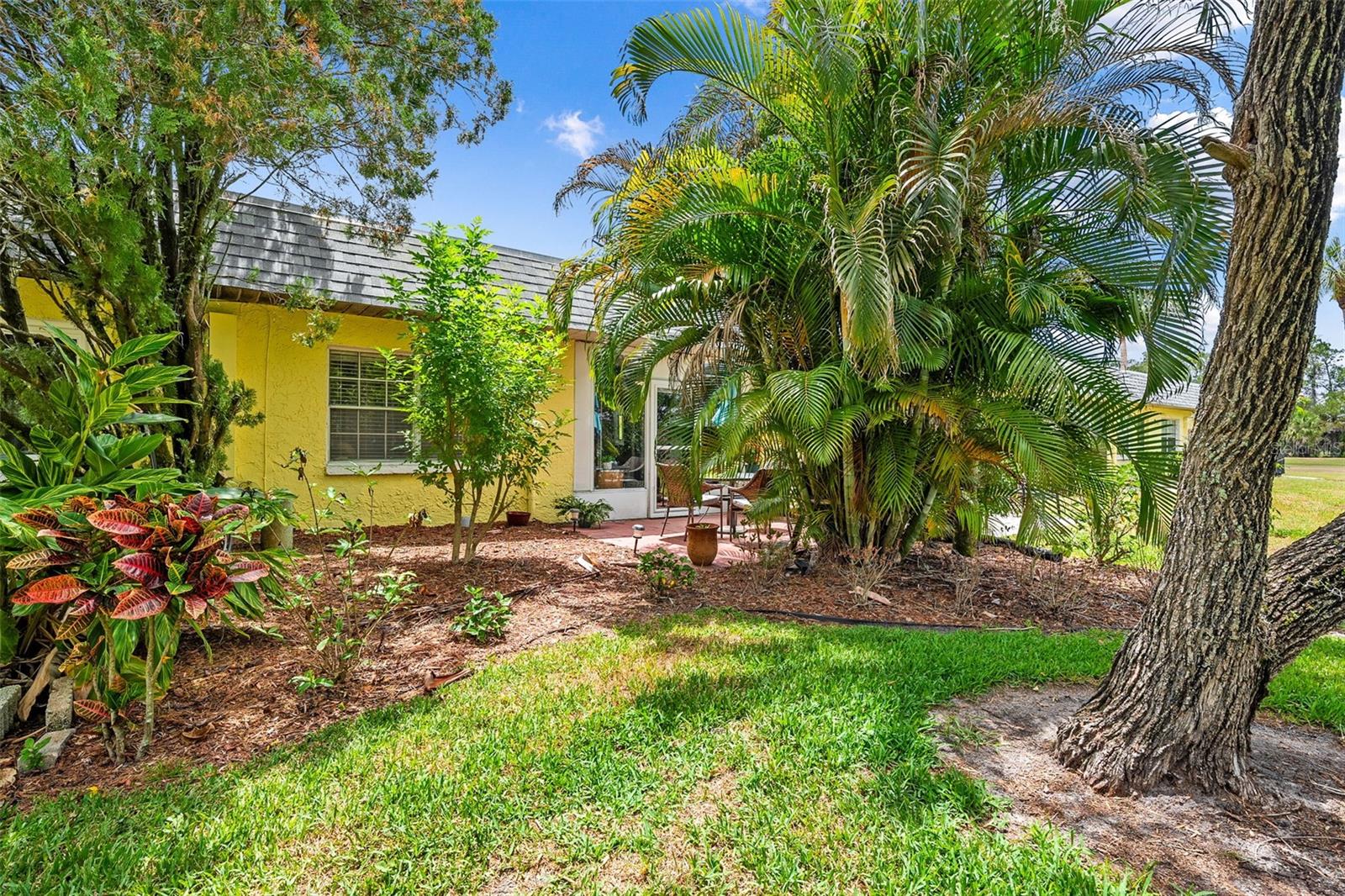 Lush tropical pavered patio