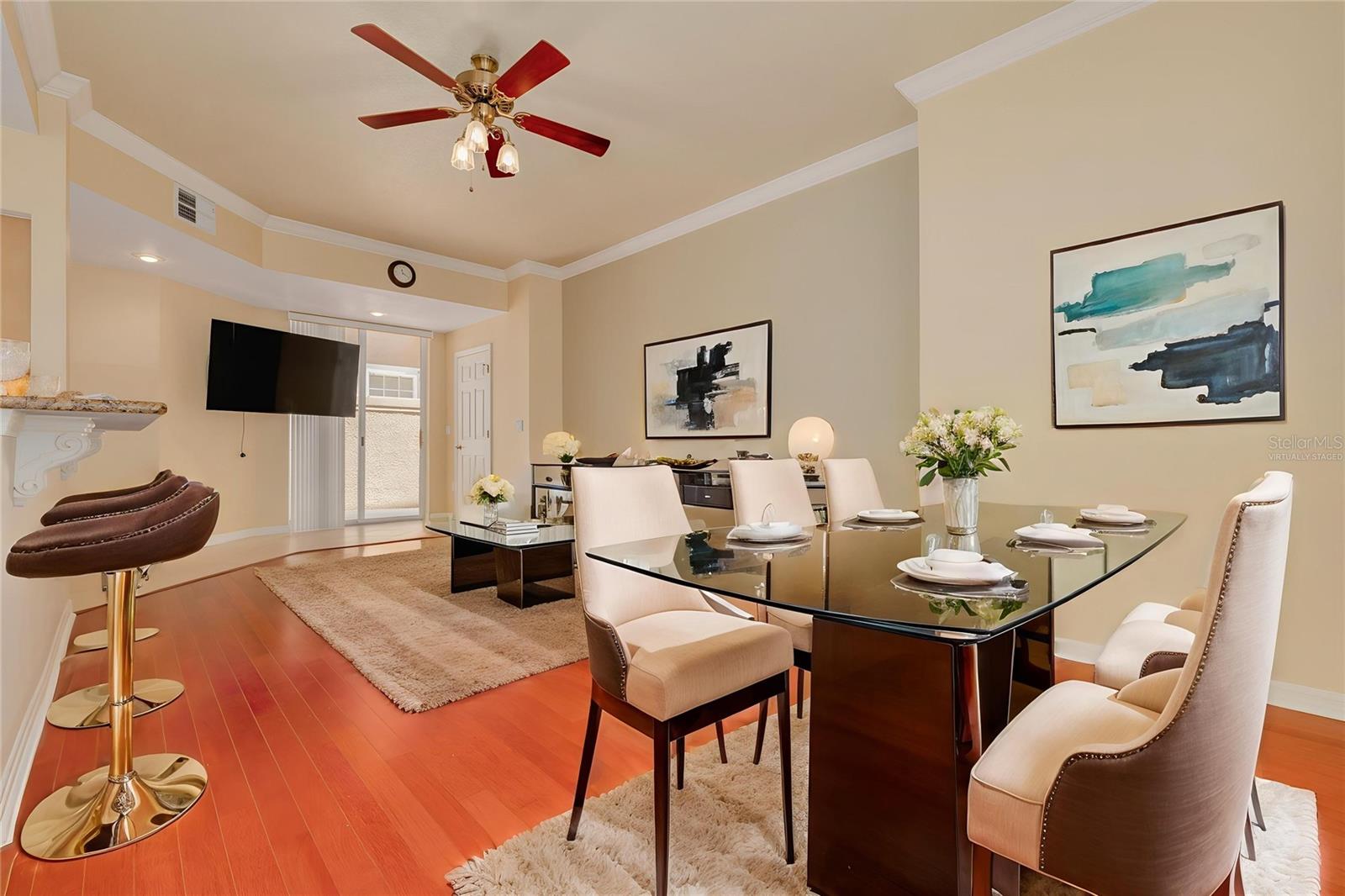 Virtually staged family room, with dining area