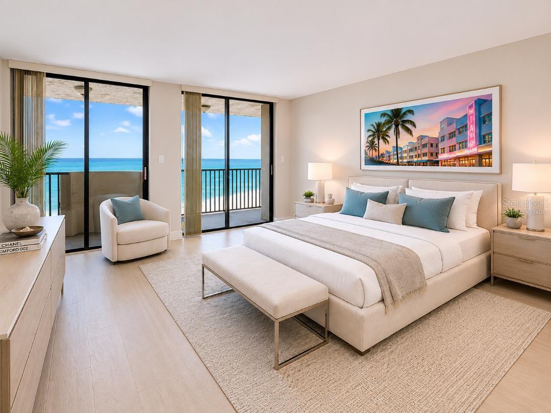 Master Suite boasts upgraded modern bath; Features a Spacious Walk-In Shower offering a relaxed Harmony, Aquamarine seascape views with private terrace access and Walk-In Closet. Virtually staged