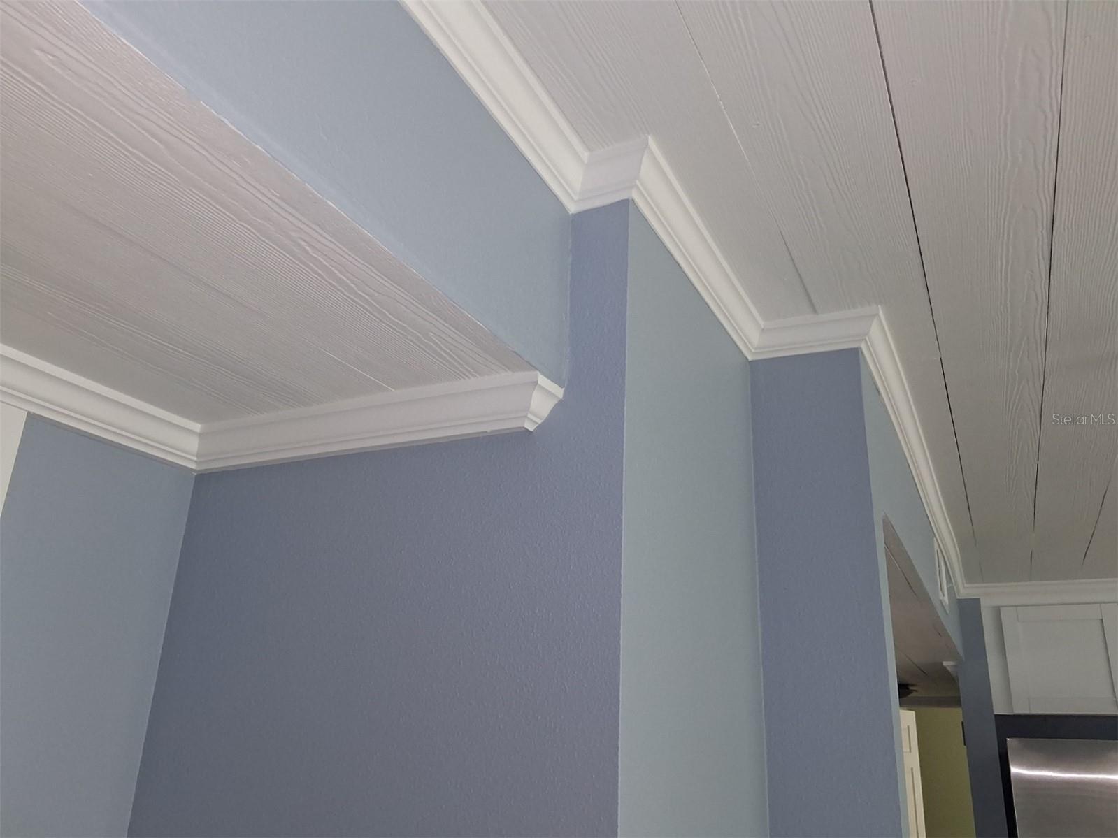 Crown moulding and wood ceilings through kitchen area and downstairs hallway.
