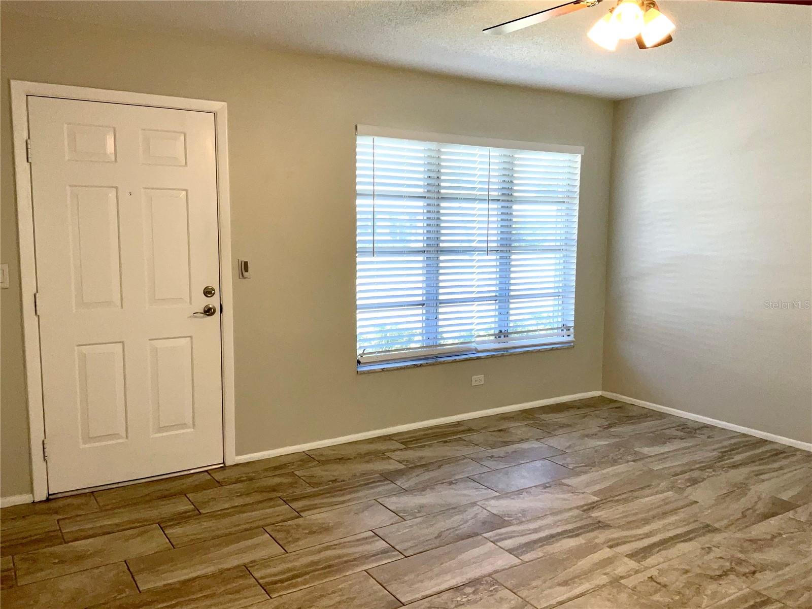 Living room view of front door and window
