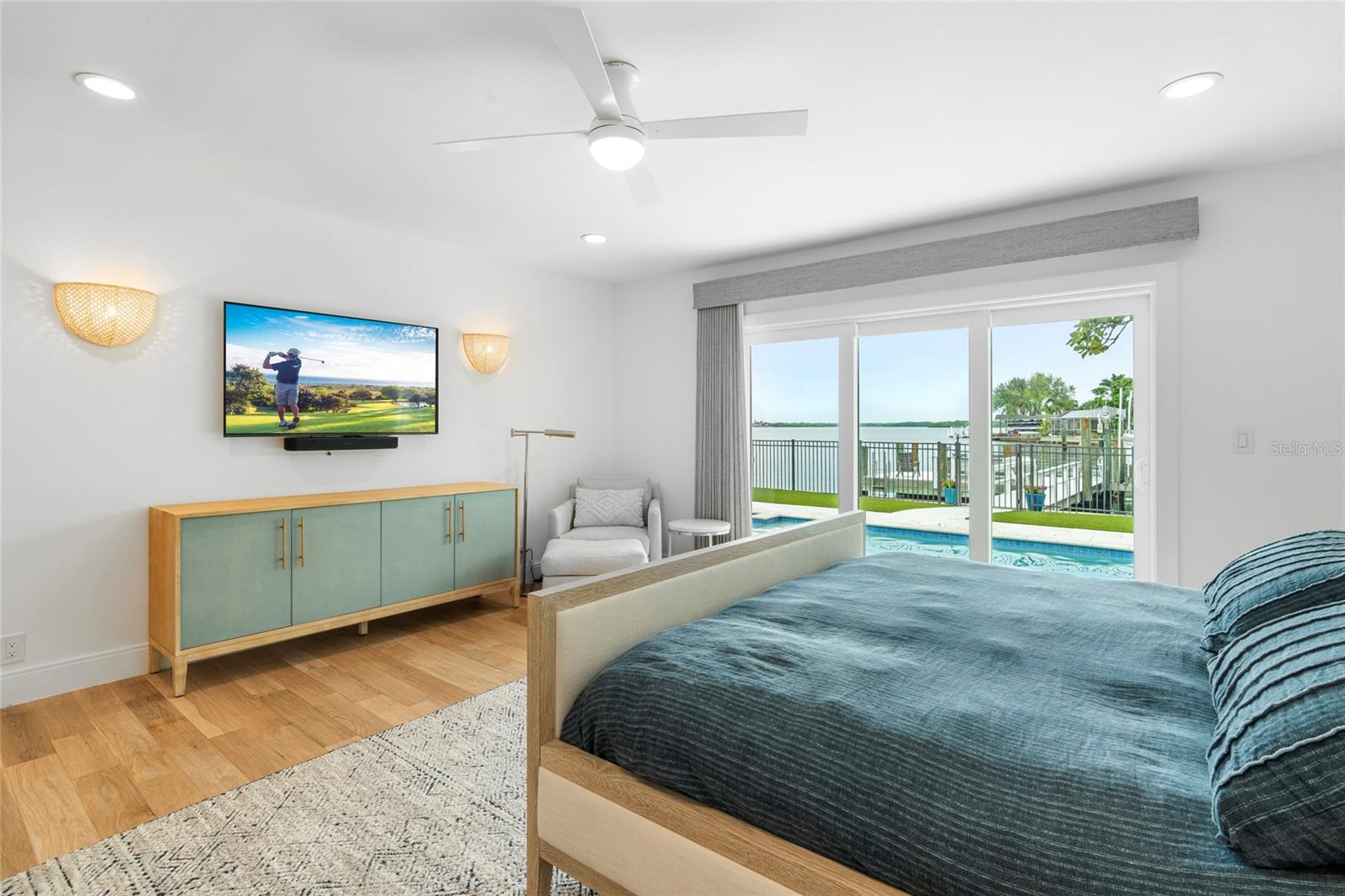 master suite water view, and shell stone tile, virtually enhanced