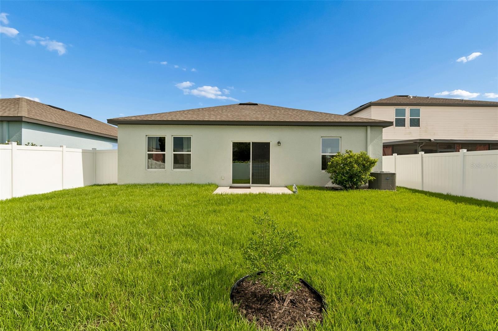 Backyard featuring lush lawn.