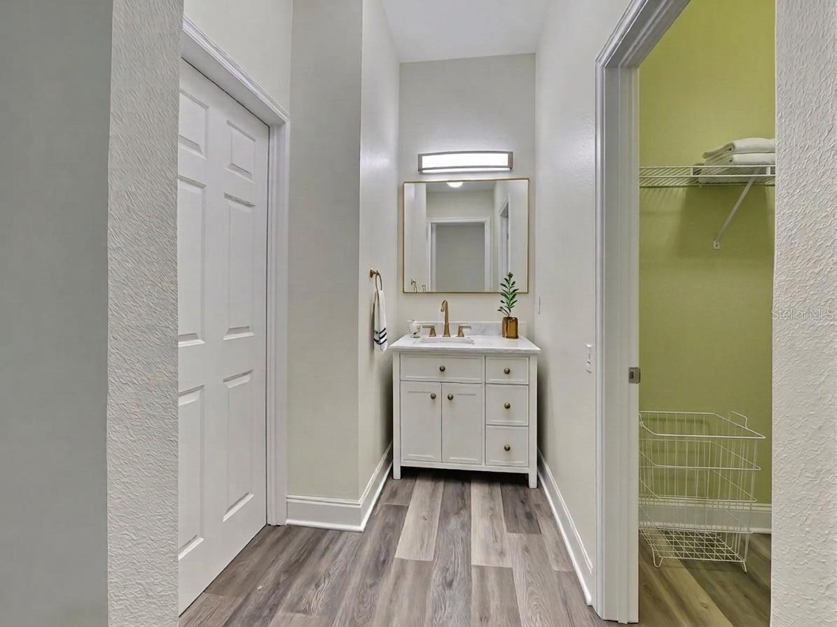 Shower, water closet on left, walk in closet on right