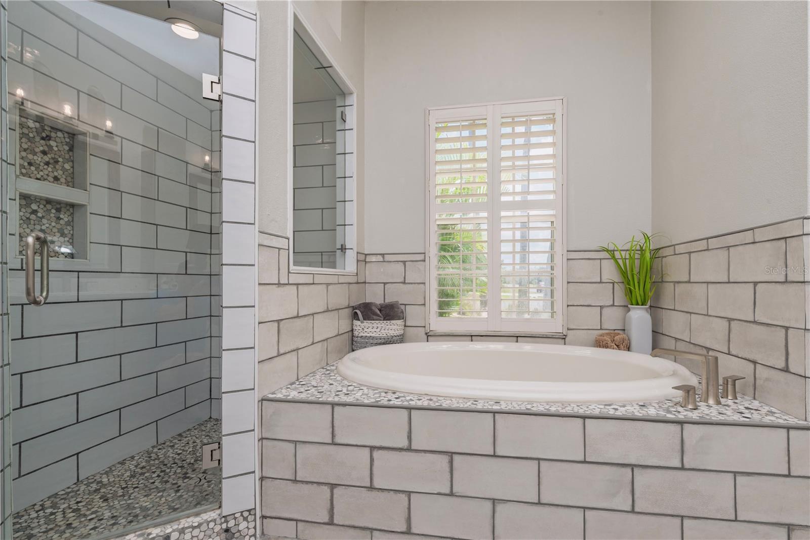 Primary bathroom with walk in shower and seperate tub.