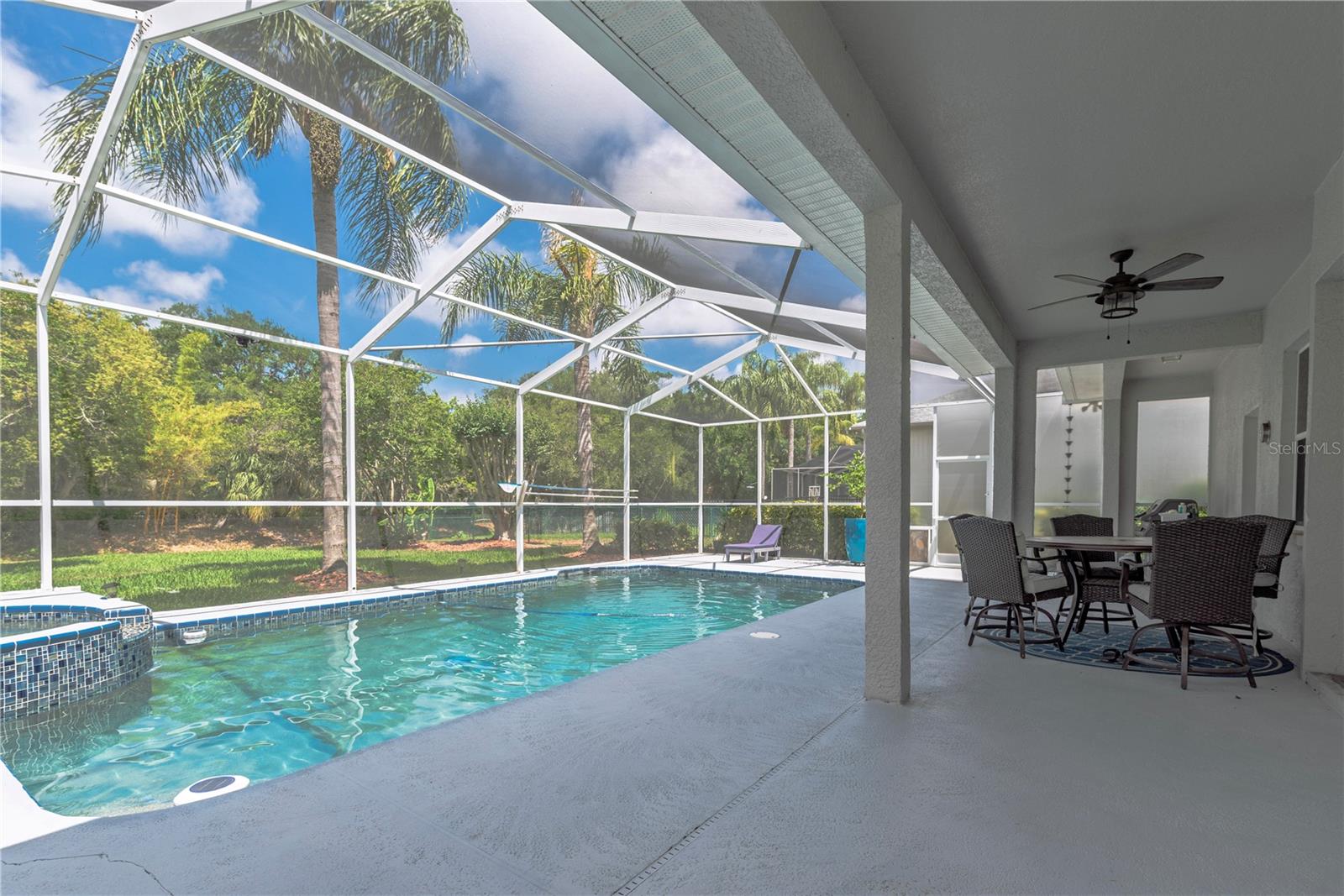 Covered pool area with screened pool.