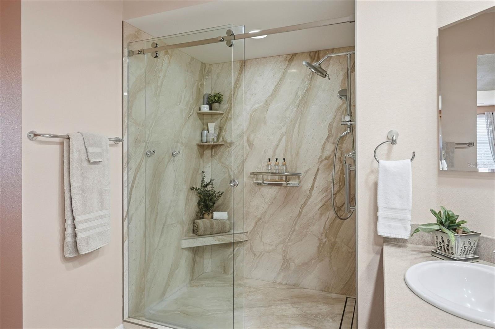 Marble slap with Linear Drain. Not the original tile shower!!