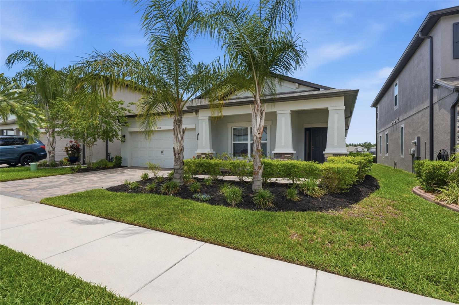 Front of the home with added palms