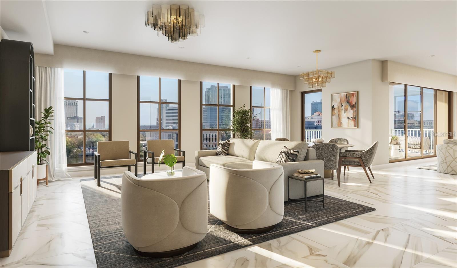 The great room is perfect for entertaining or enjoying peaceful views of the city skyline
