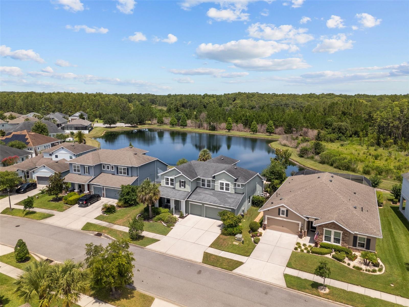 Aerial view showcasing the home’s beautiful pond-view setting in Asturia.
