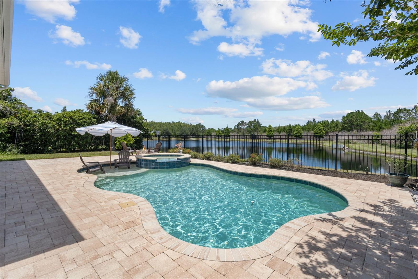 Pool features a sun shelf, spa, and paver patio overlooking the pond.