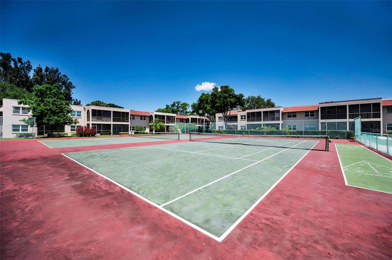Tennis, pickleball, and shuffleboard courts.