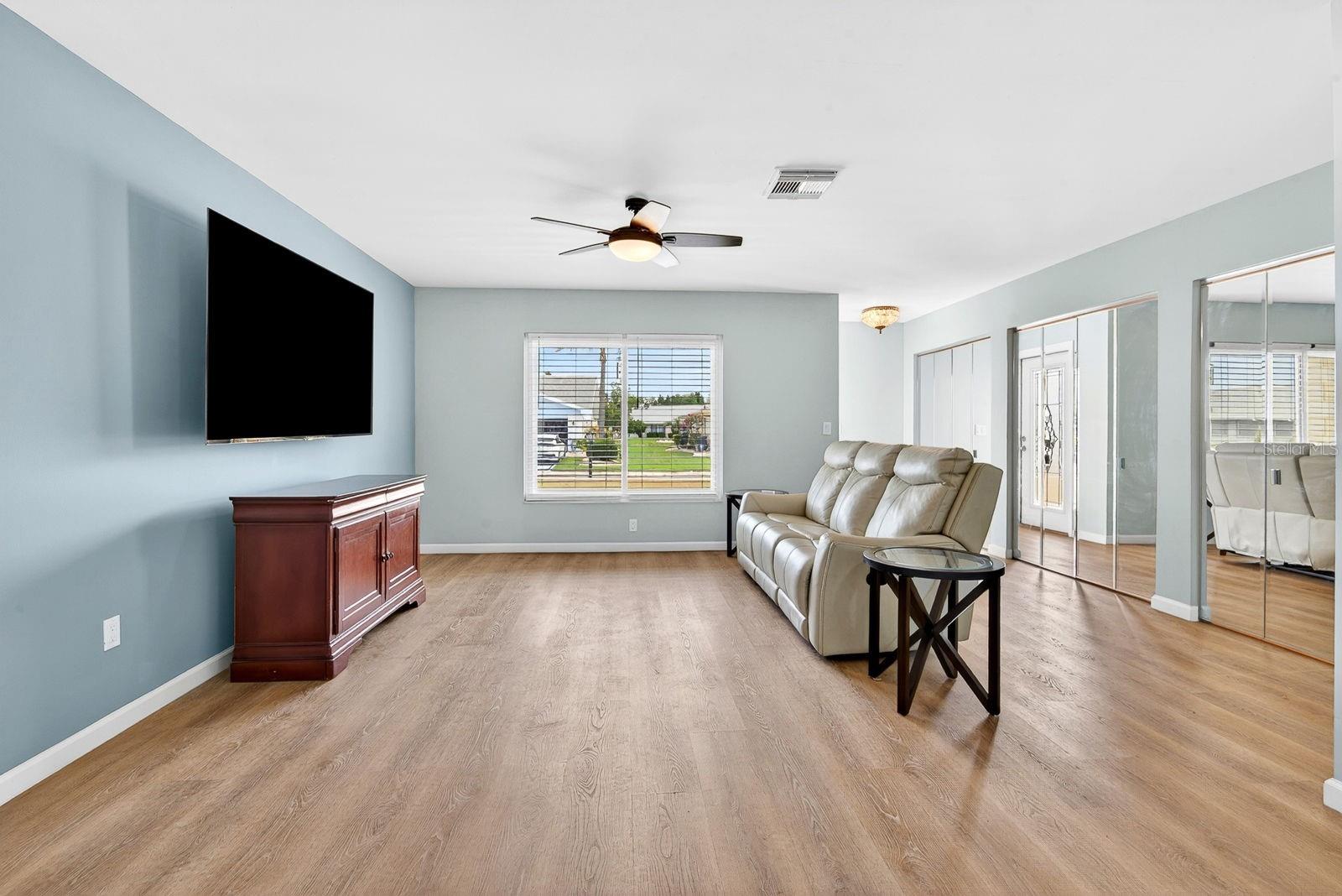 A view of living area facing front of home