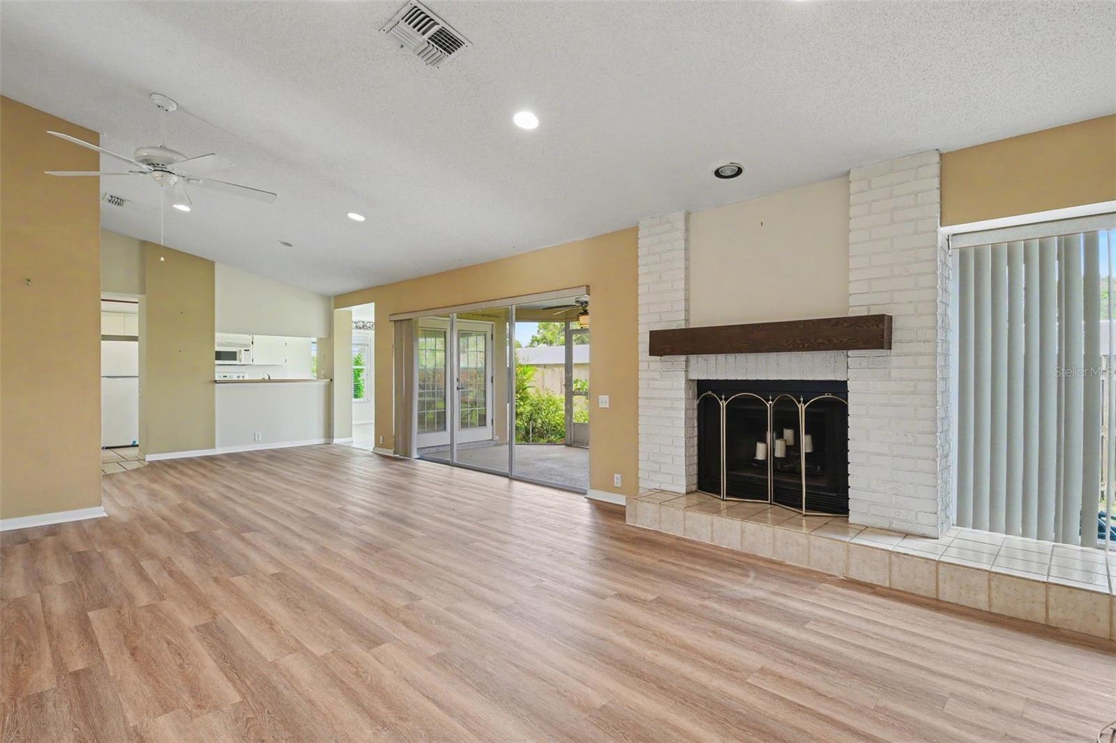 family room and fireplace