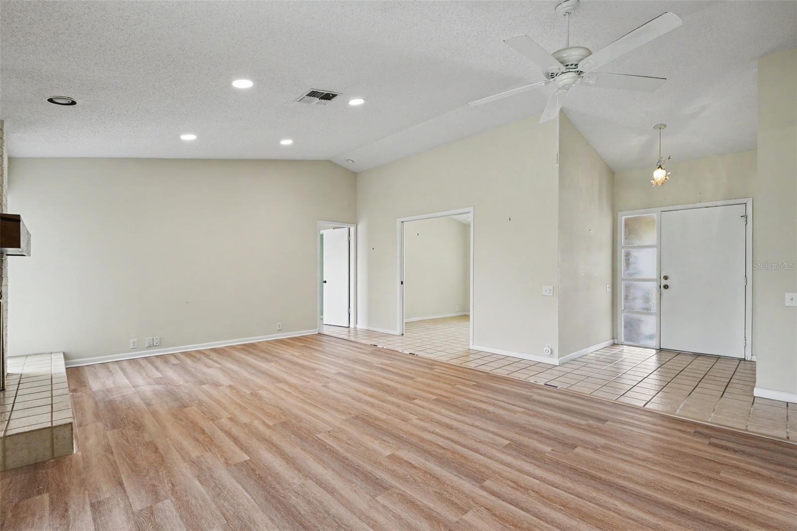 family room and fireplace
