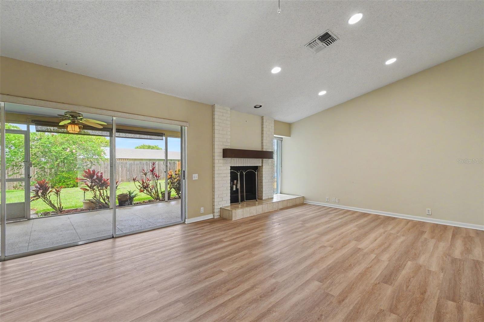family room and fireplace