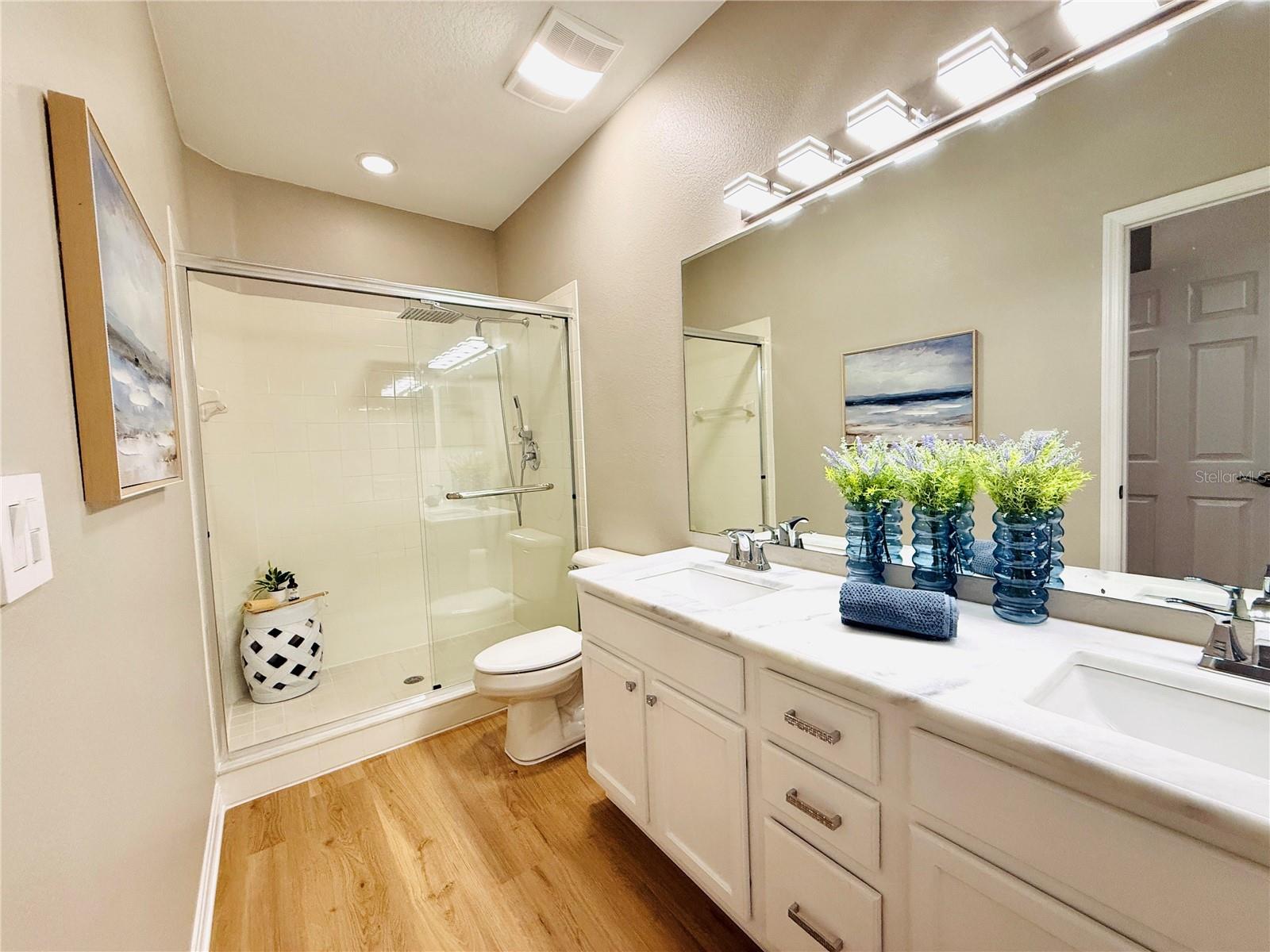 Master bathroom with new glass shower door