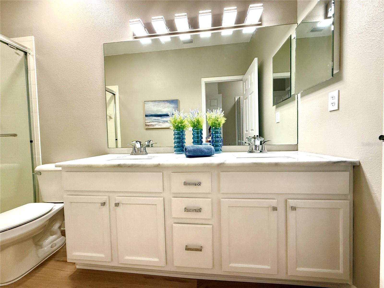Master bathroom with new vanity lights