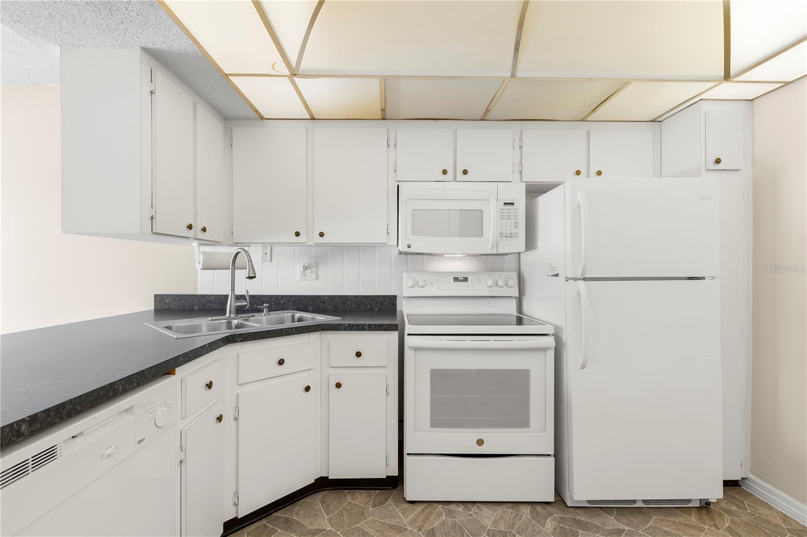 Kitchen includes fridge, dishwasher, electric range/stove, built-in microwave