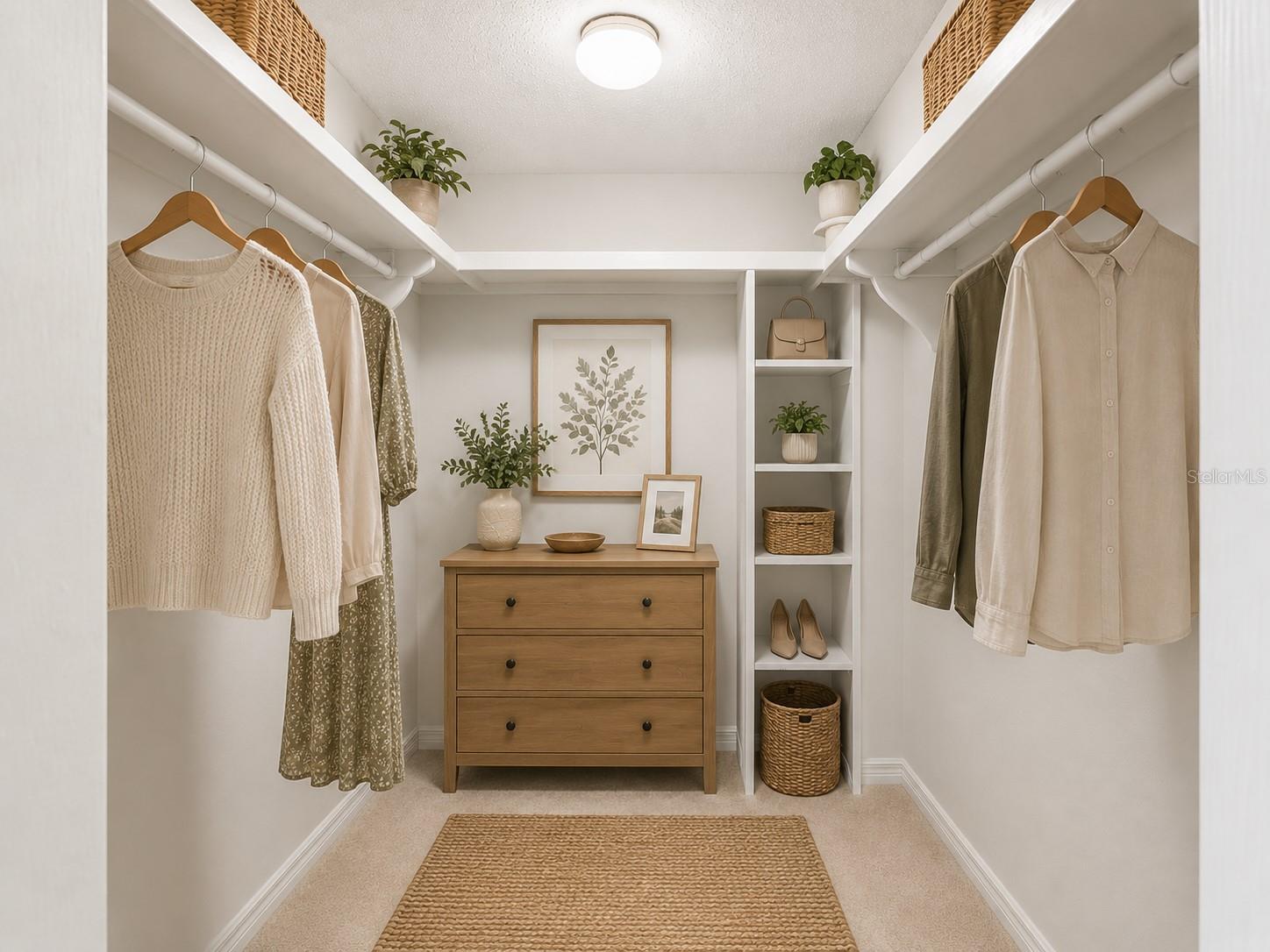 Virtual Staging. Walk-in closet is one of two closets in the Primary Bedroom!