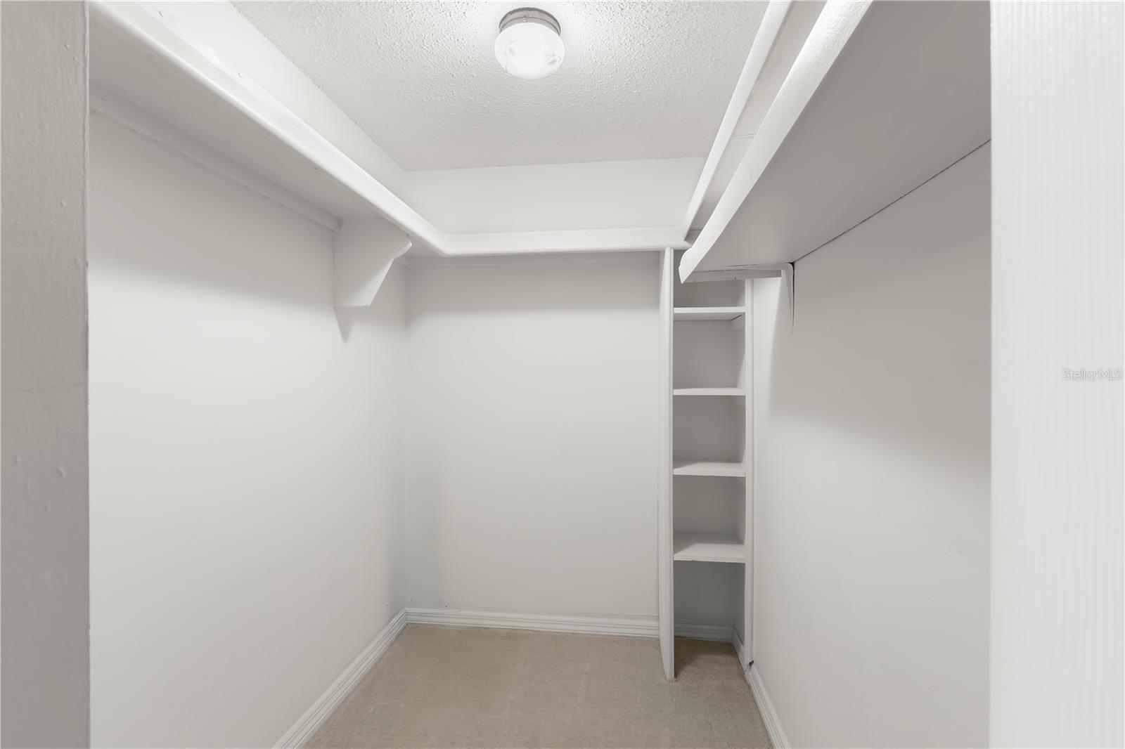 Primary Bedroom features two closets including this walk-in with built-in shelves