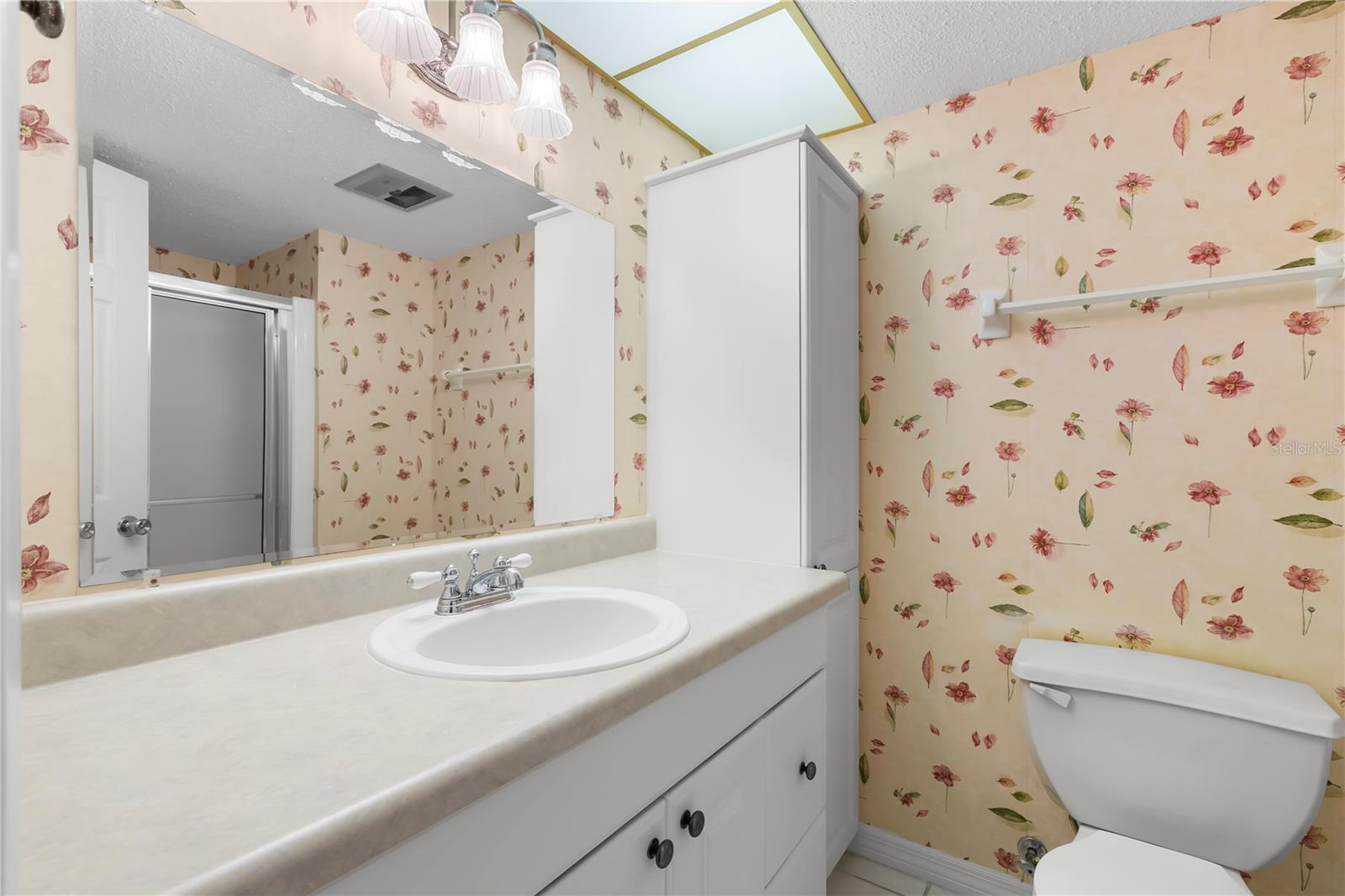 Guest bath with step-in shower and linen storage