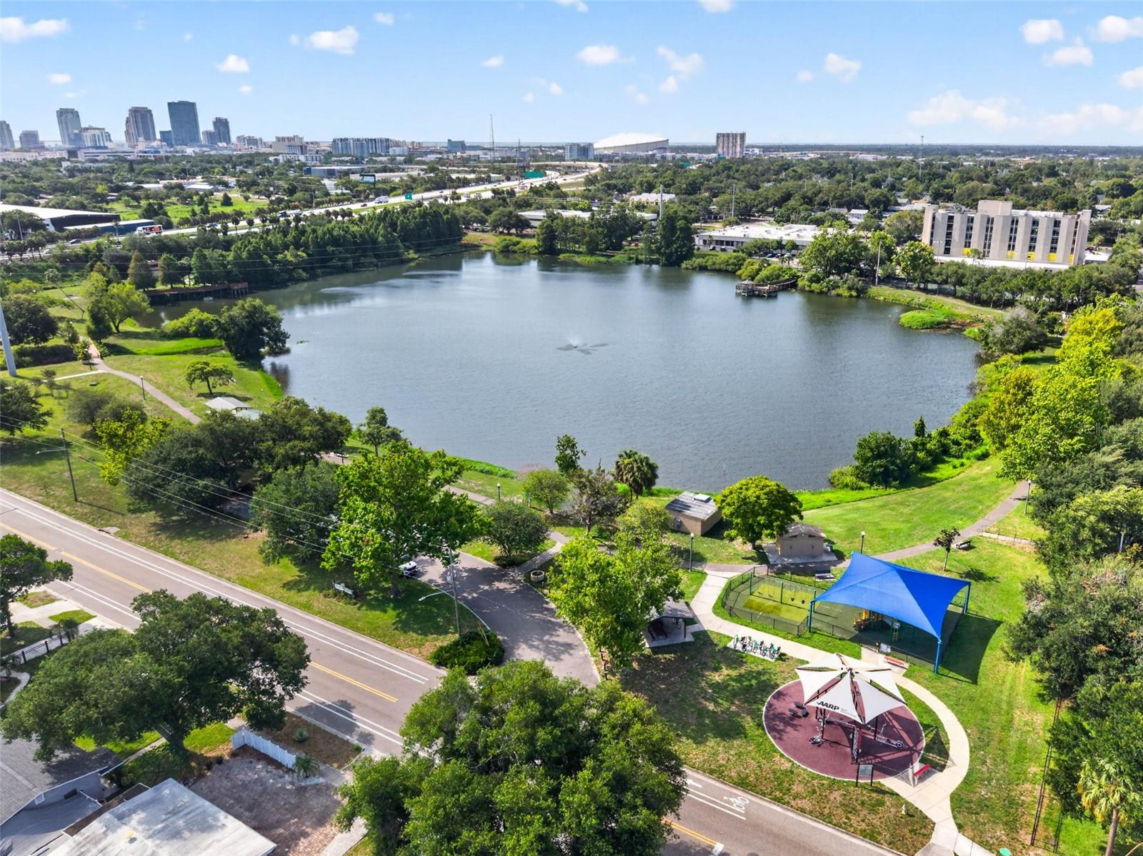 Across the street from the lake and park