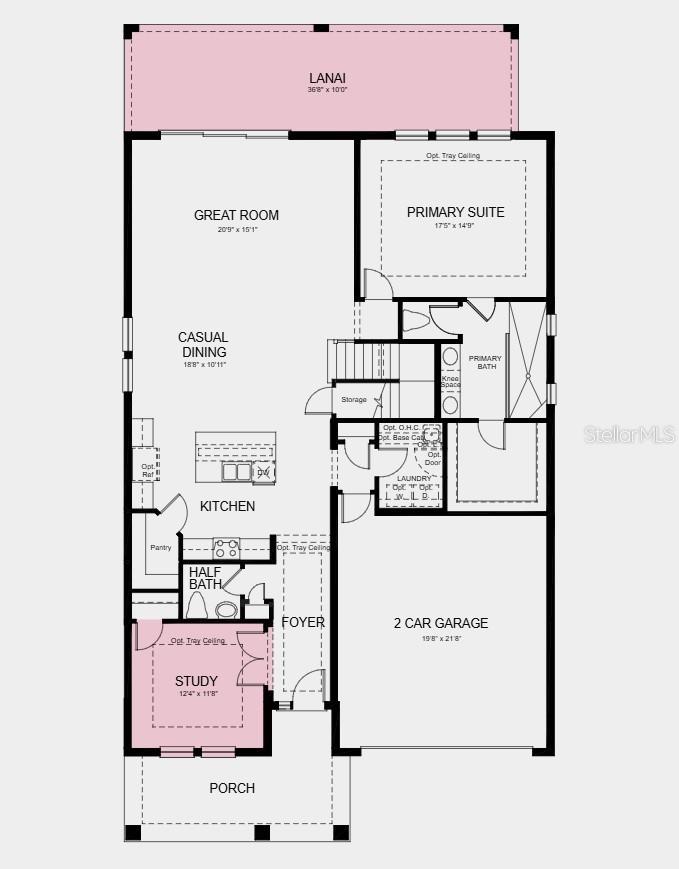 First Floor Plan - Additional Highlights Include: a covered extended lanai, 8' interior doors, a study, and pre-plumbed for a future laundry room sink