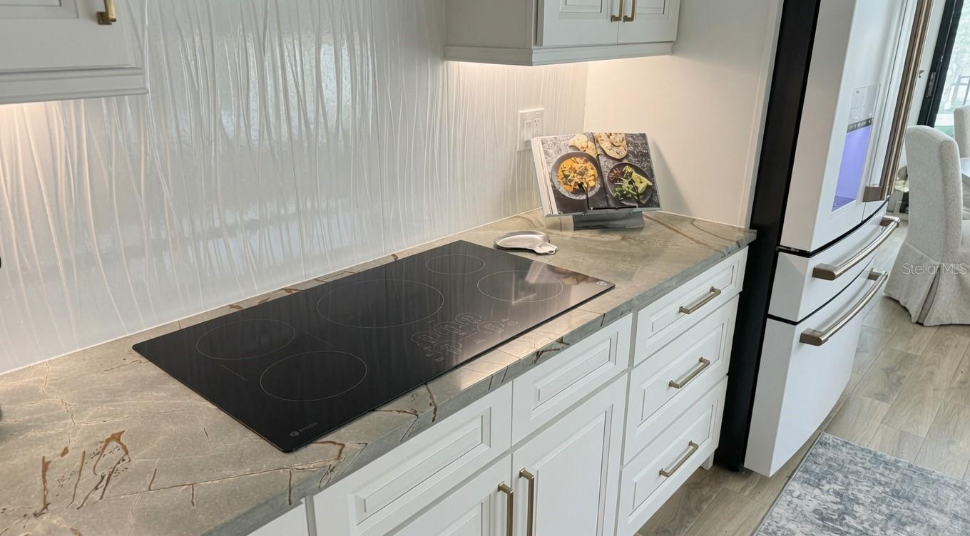 GE induction stovetop embedded in quarzite