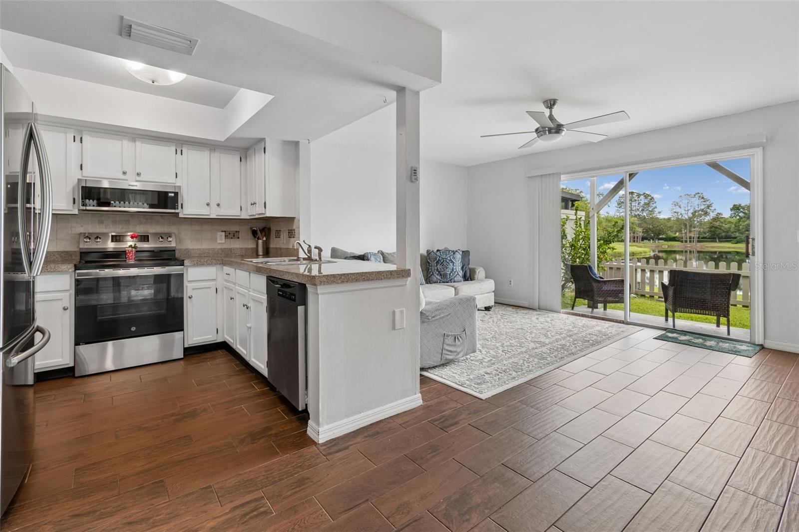 Open kitchen with pond views