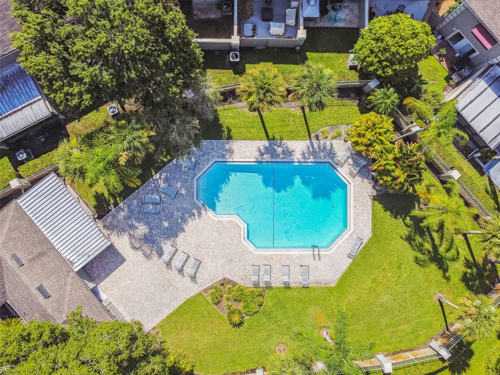 Community pool surrounded by lush tropical landscaping